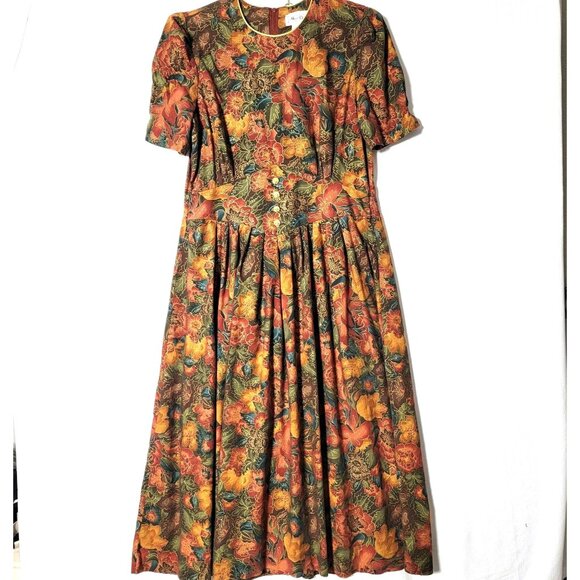 Miss Dorby Dresses & Skirts - Miss Dorby Womens Dress Midi Size 16 Short Sleeves Orange Green Yellow Vintage